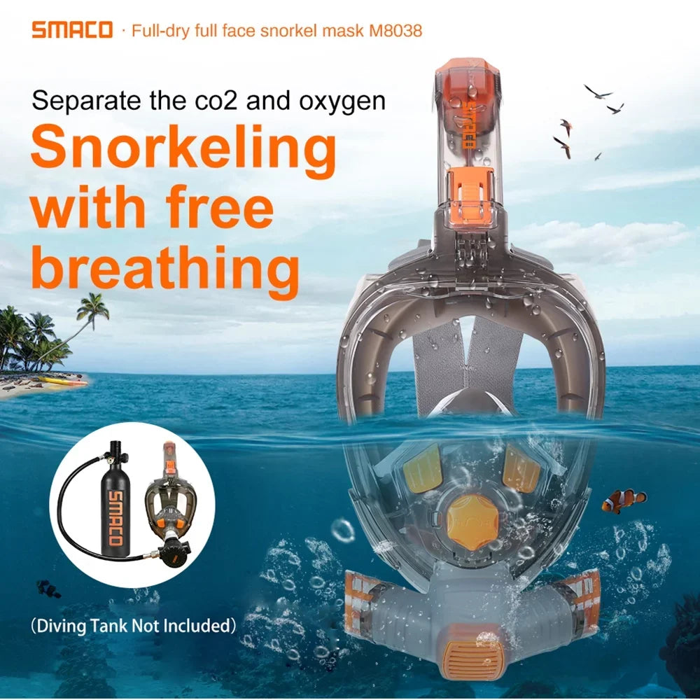 Snorkel Full Face Cover with Foldable Dry Snorkel Tube Anti-fog Anti-Leak Snorkeling Face Cover with Mount Storage Bag