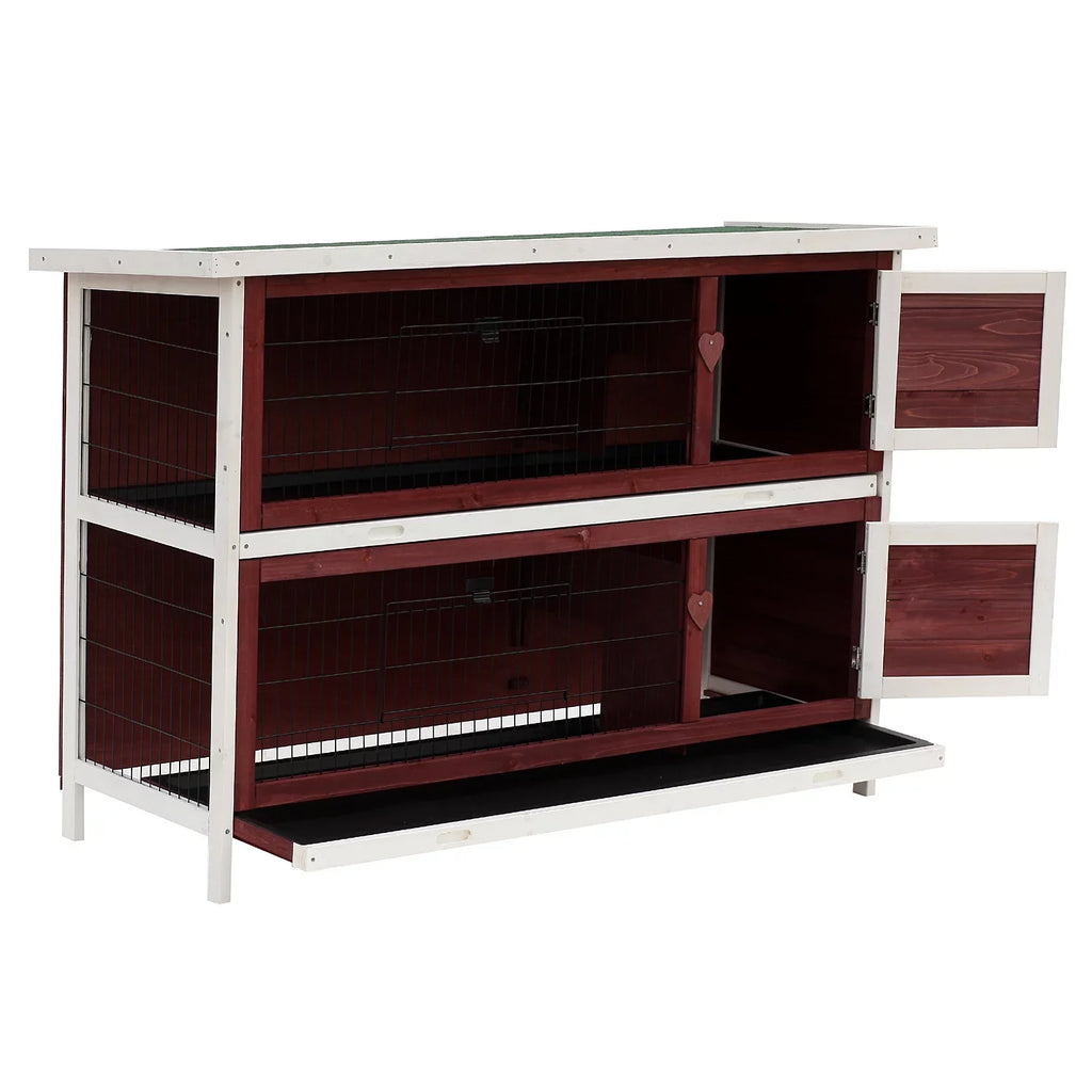 PawHut 54" Elevated Wooden Rabbit Hutch with Fun Enclosed Run And Pull-Out Trays, 2-Story, Weatherproof Stackable