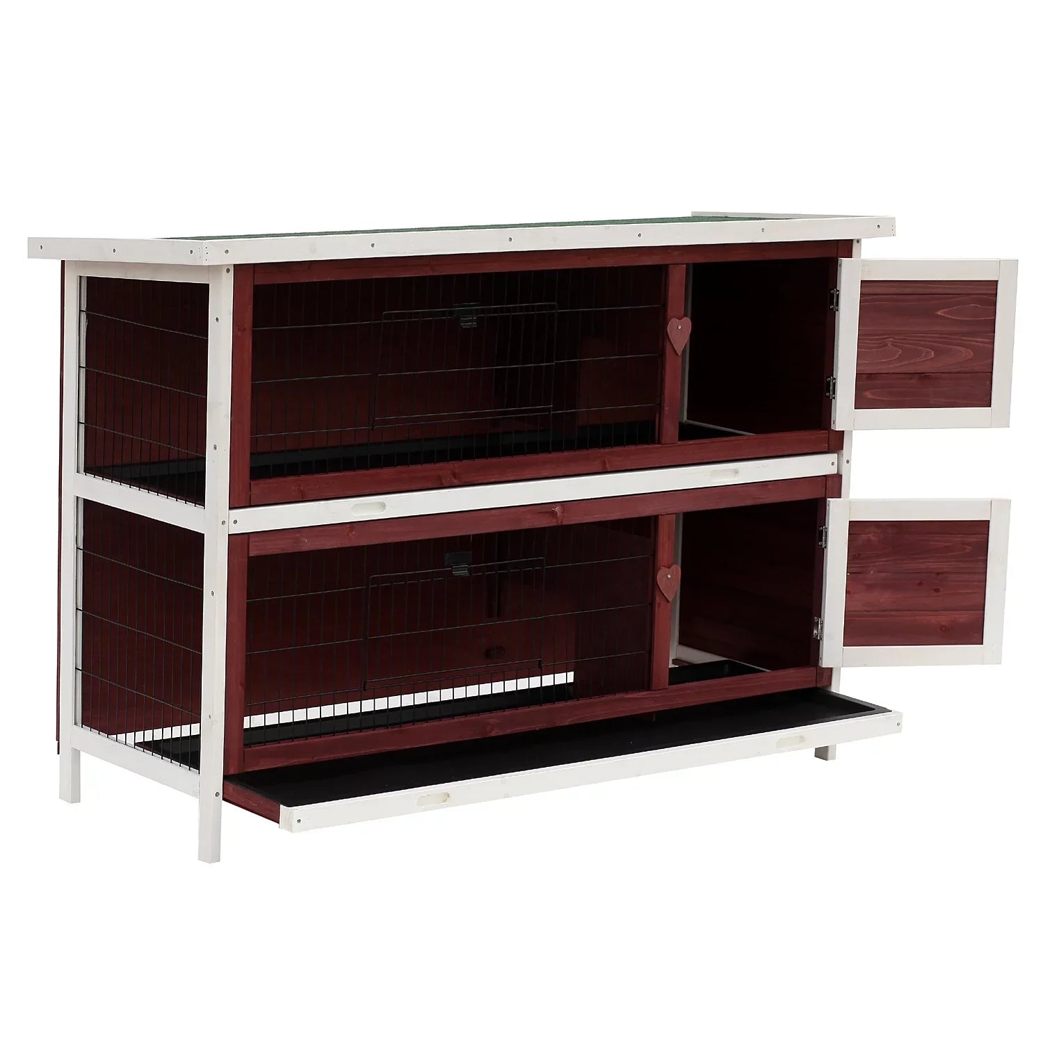 PawHut 54" Elevated Wooden Rabbit Hutch with Fun Enclosed Run And Pull-Out Trays, 2-Story, Weatherproof Stackable