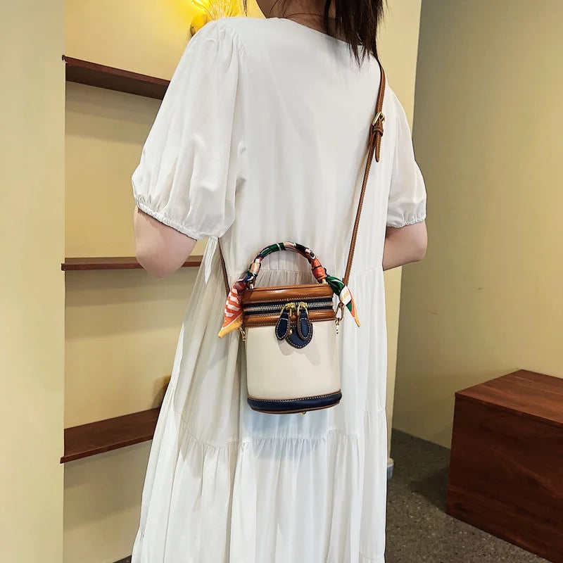 moocr Shoulder Cylinder Bucket Bag  Scarf Decor Top Handle Bag  Stylish Crossbody Purse For Women