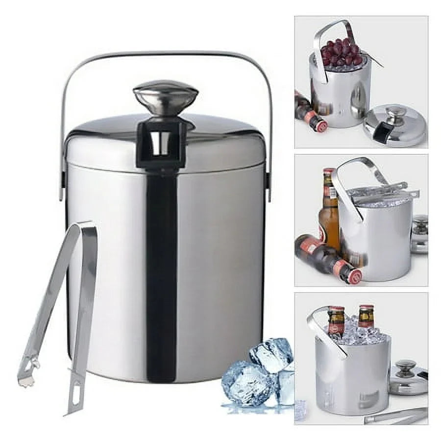 Double-Wall Stainless-Steel Insulated Ice Bucket With Lid & Ice Tong 1300