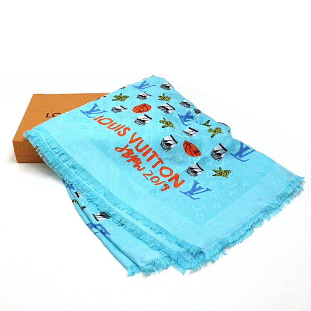 Pre-Owned Louis Vuitton Jonas Wood   monogram stole  blue shawl basketball/flower/pot silk 60% wool 40% (Like New)