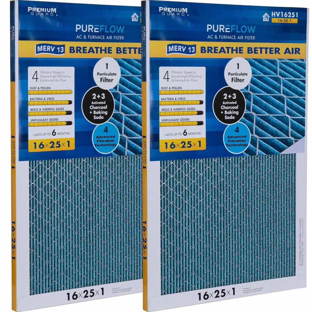 PureFlow, Home Furnace Air Filter 16x25x1, with 4 Layers of Advanced Filtration Technology, -13 Pack-of-2
