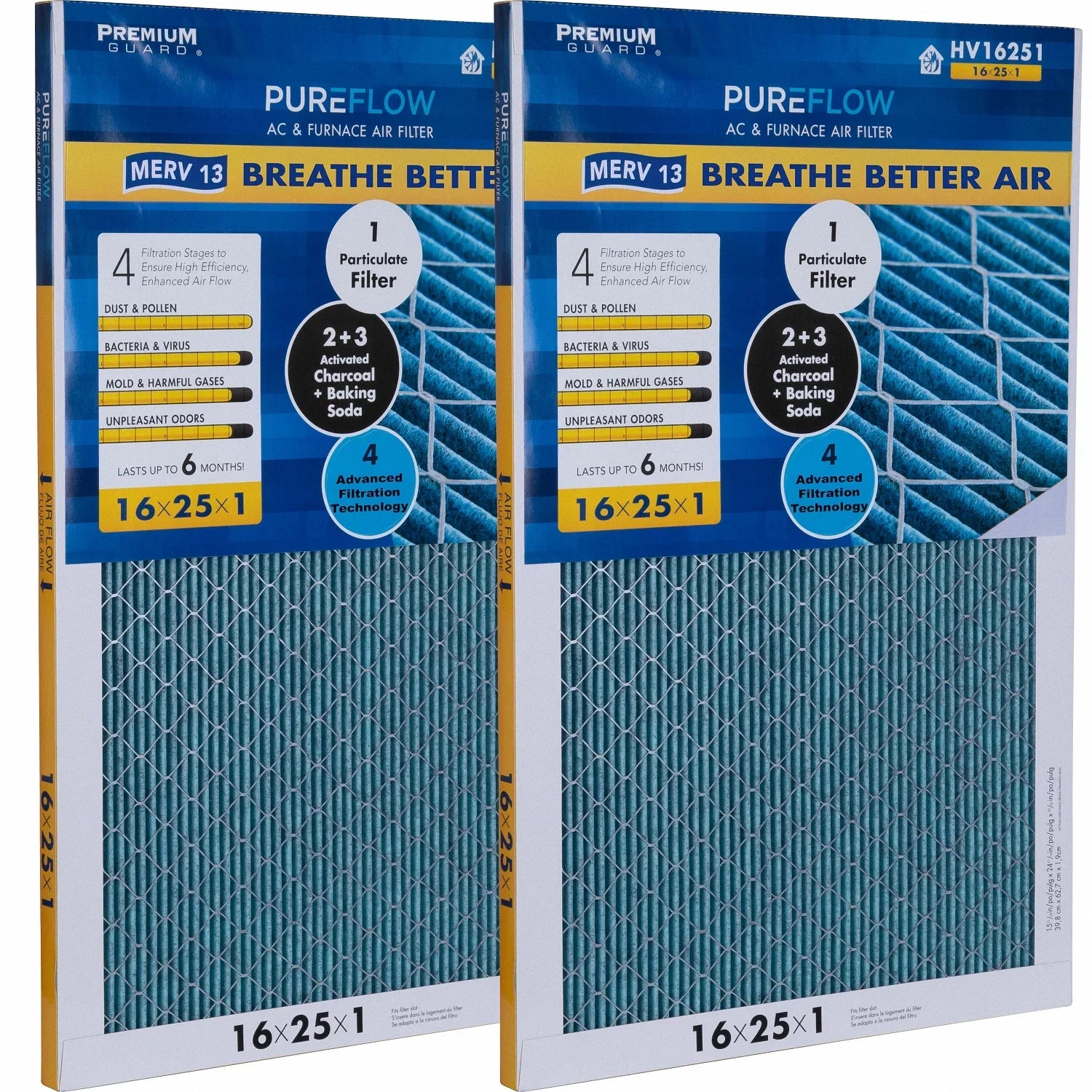 PureFlow, Home Furnace Air Filter 16x25x1, with 4 Layers of Advanced Filtration Technology, -13 Pack-of-2
