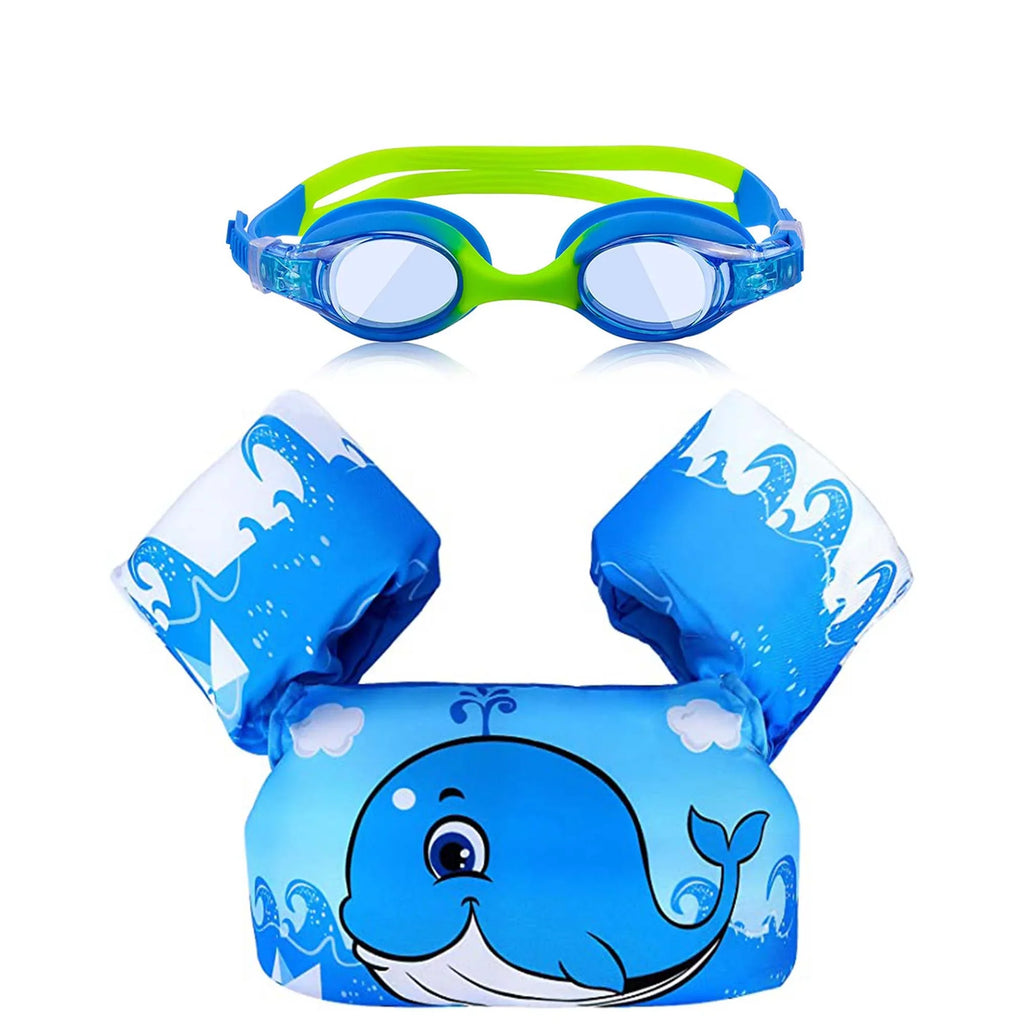 Kids Swim Life Jacket Vest for Toddler 22-66 lbs Swimming Pool, Adjustable Strap Swimming Jacket with Swimming Goggle for Girls & Boys 3-14yrs, Suitable for Learning Swim Training Equipment