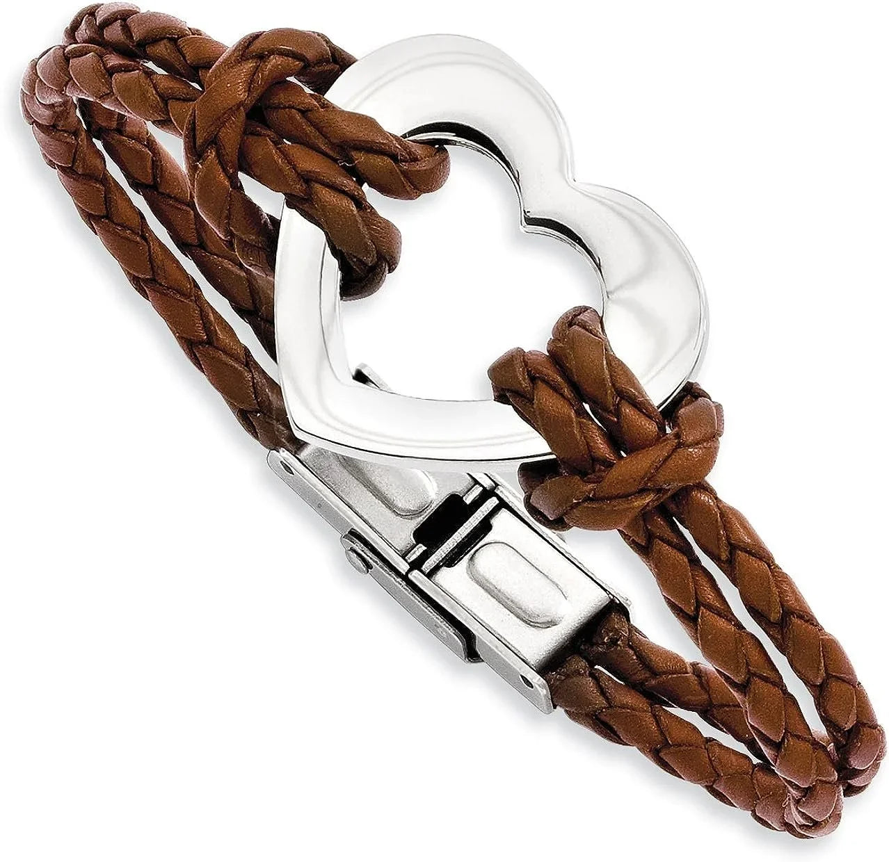 Chisel Stainless Steel Polished Heart Brown Braided Leather Bracelet - 7.5"