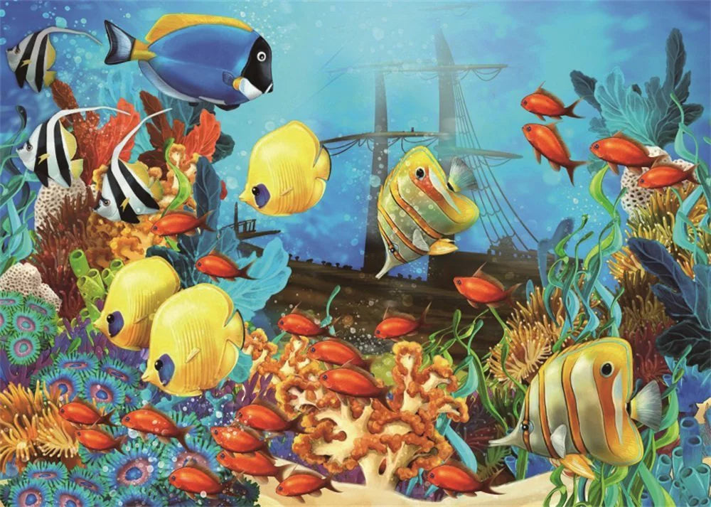 GreenDecor 7x5ft Underwater World Backdrop Aquarium Fish Coral Bubble Ship Blue Water Interior Wallpaper Cartoon Photography Background Sweet Boys Gir