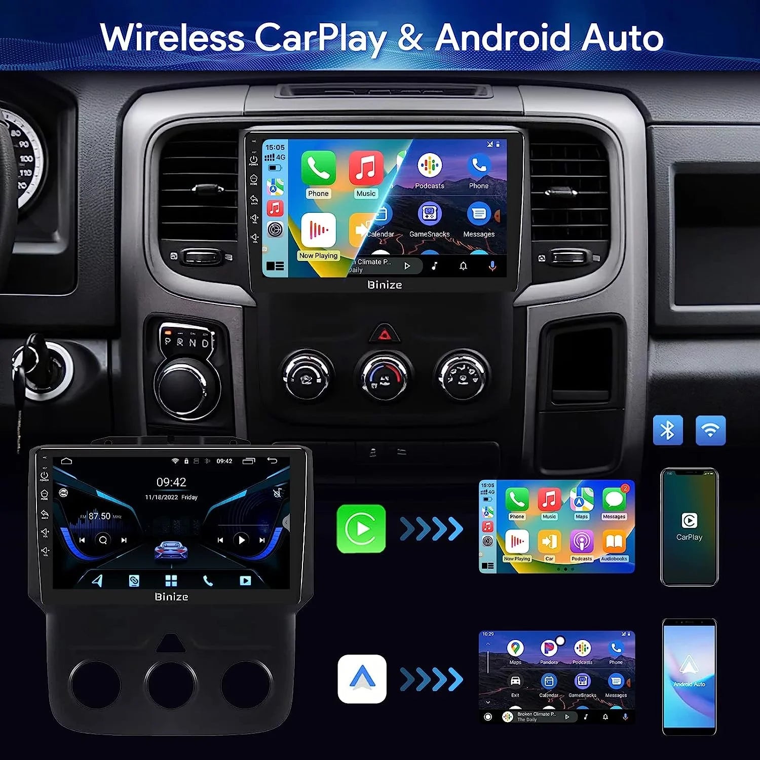Binize Android 12 Double Din Car Stereo for Dodge Ram 1500 2500 3500 Radio 2013-2018, 9" in-Dash Navigation  Unit with Wireless CarPlay/Android Auto///Backup Camera////WiFi/2+32GB