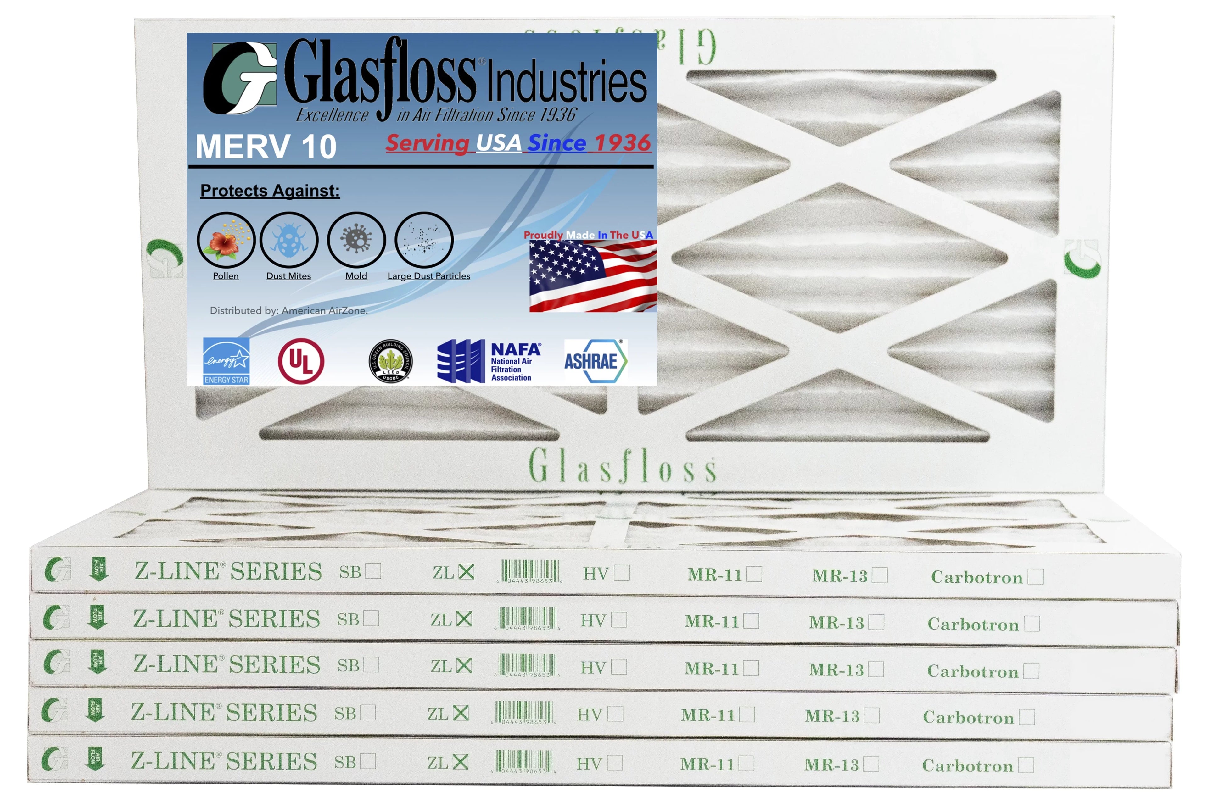 Glasfloss 12x26x1 -  10 -Qty:6 - Furnace Air Filter - Made in  (Actual Size: 11.5 x 25.5x7/8 inch)