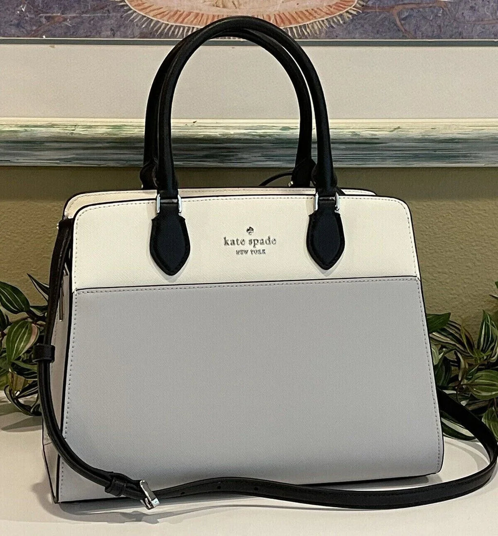Kate Spade Madison Medium Platinum Grey Colorblock Leather Satchel Bag Purse