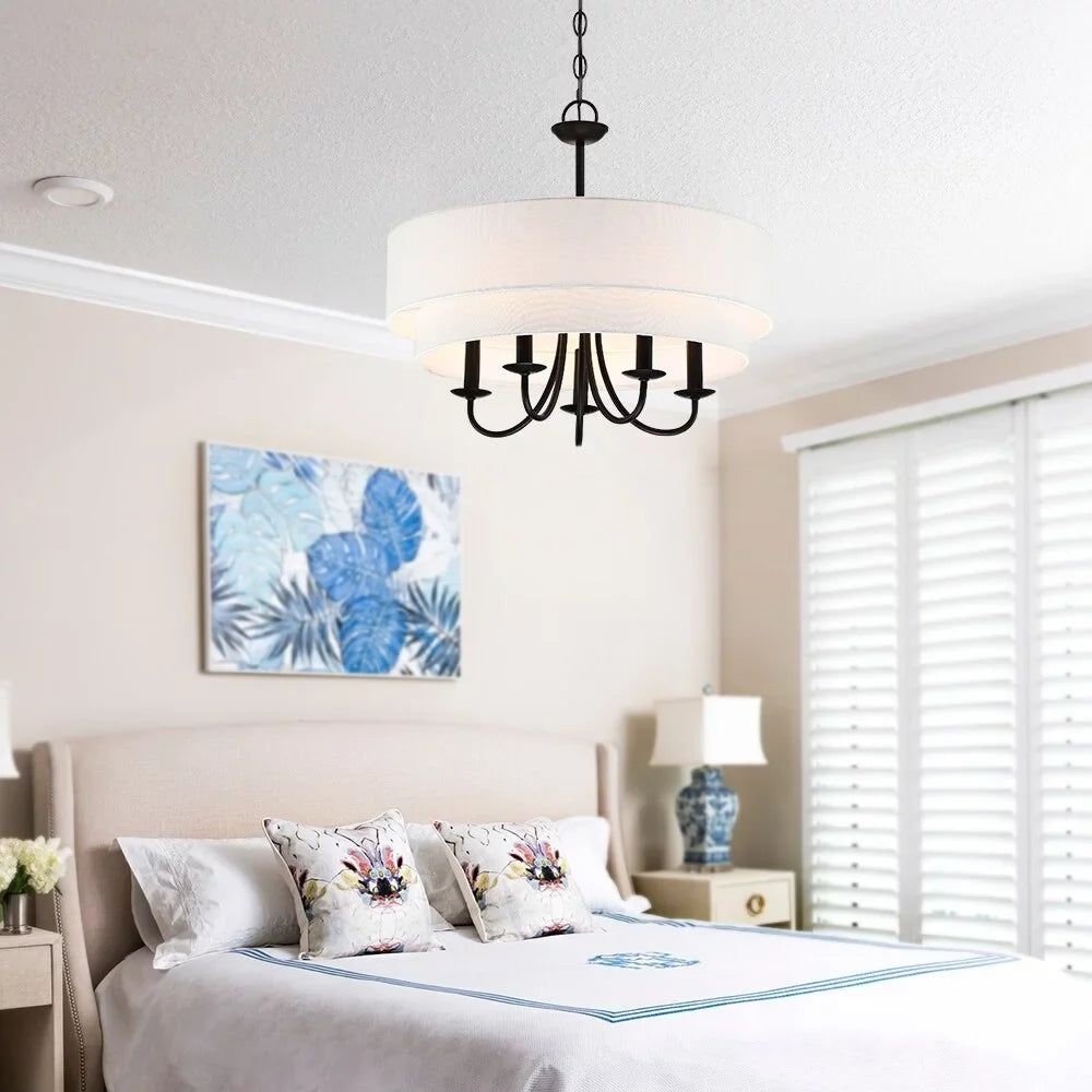Martina 5-Light Black Chandelier Light with White Double Drum Shade - 21.5"