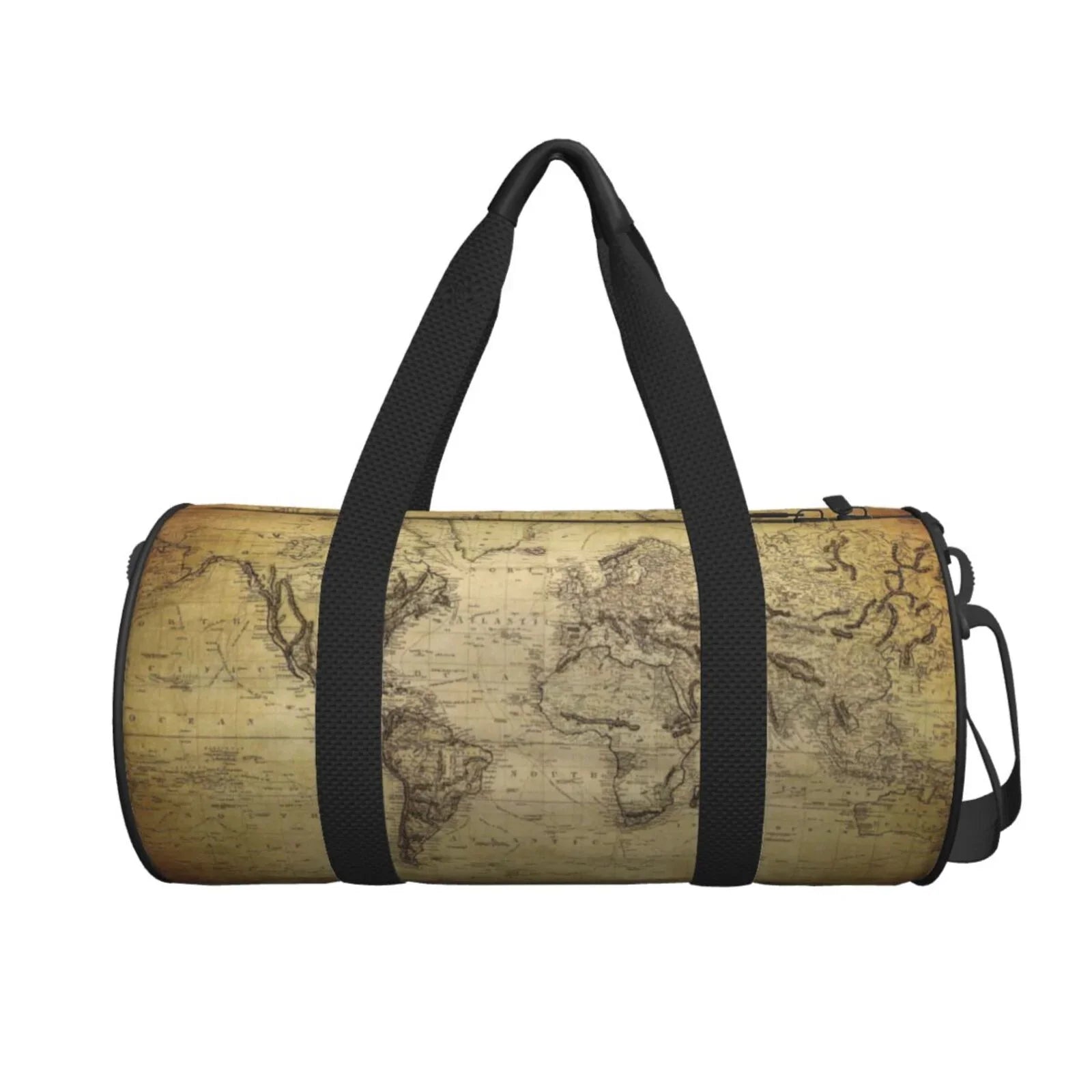Coaee Vintage World Map Large Capacity Travel Luggage Bag Cylinder Gym Bag Waterproof Sports Bag with Pocket and Compartment