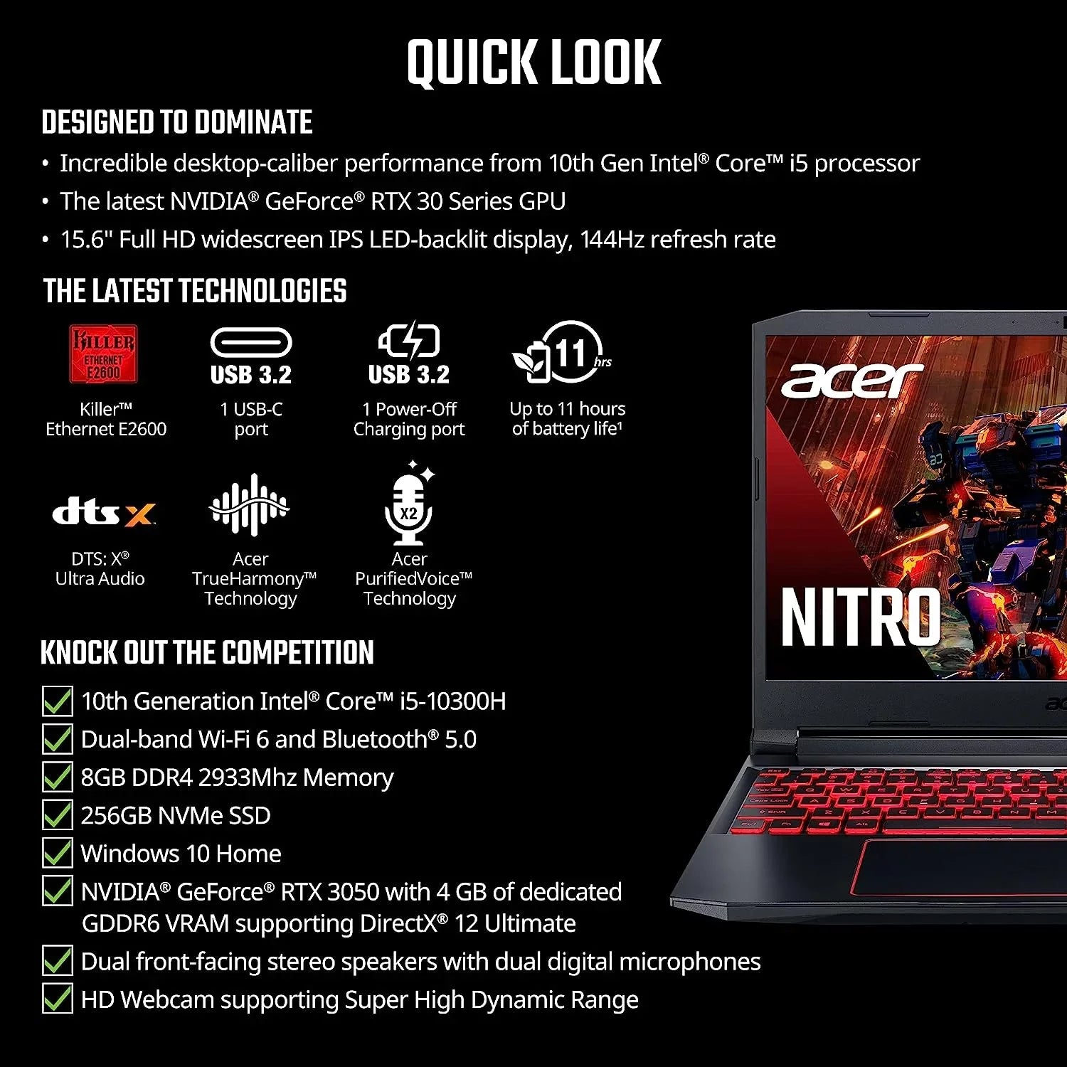 Acer Nitro 5 15.6-Inch 144hz  Gaming Laptop + High Quality 6ft  Cable +  Screen Cleaner + Wired Stereo Gaming Headset + Gaming Controller- Carbon Black