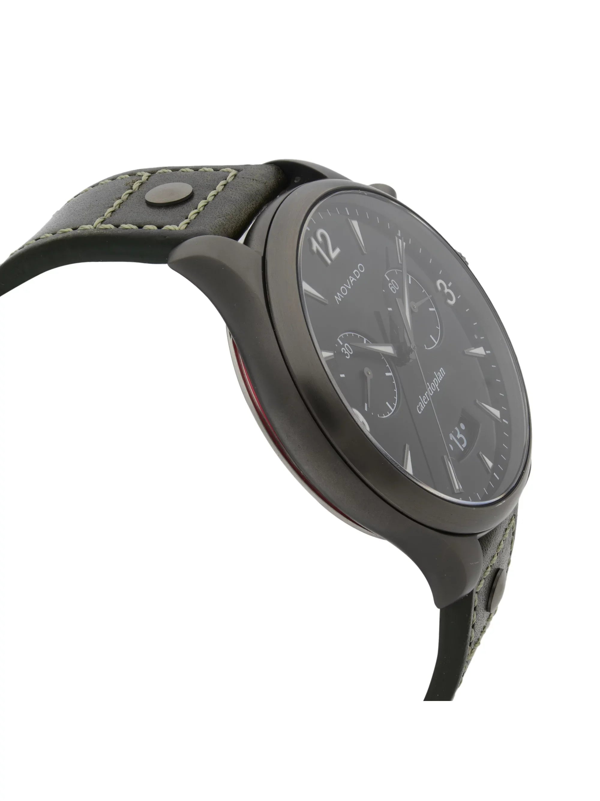 Movado Heritage Gunmetal Steel Green Leather Black Dial Quartz Watch 3650029 Pre-Owned