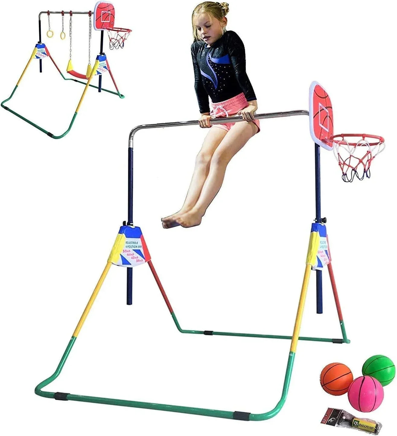 Height-Adjustable 4-in-1 Gymnastics Bar Set with Swing, Rings, Basketball Hoop - Folding Junior Training Bar for Home Gym