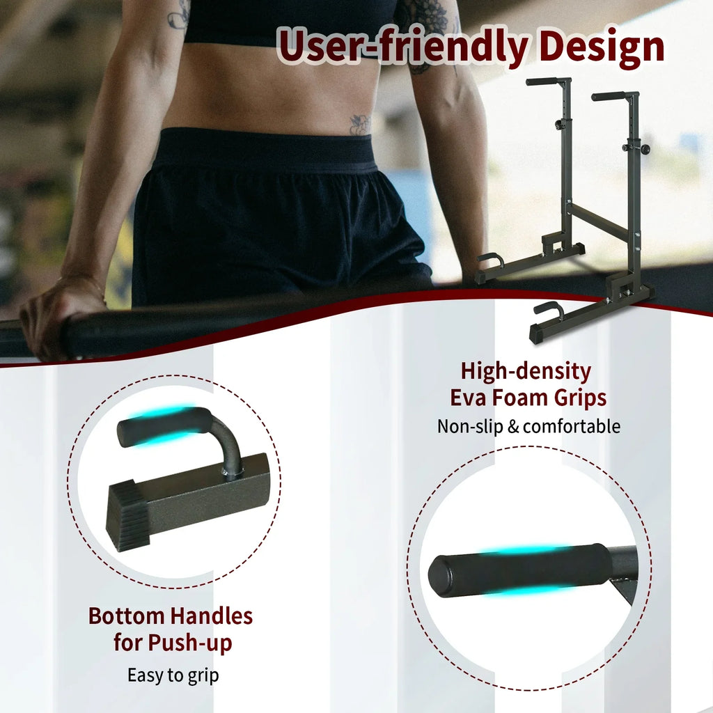 Adjustable Power Tower Dip Stand Station with Bench Pull Up Bar - Heavy Duty Multi-Function Fitness Equipment for Home Gym, Black