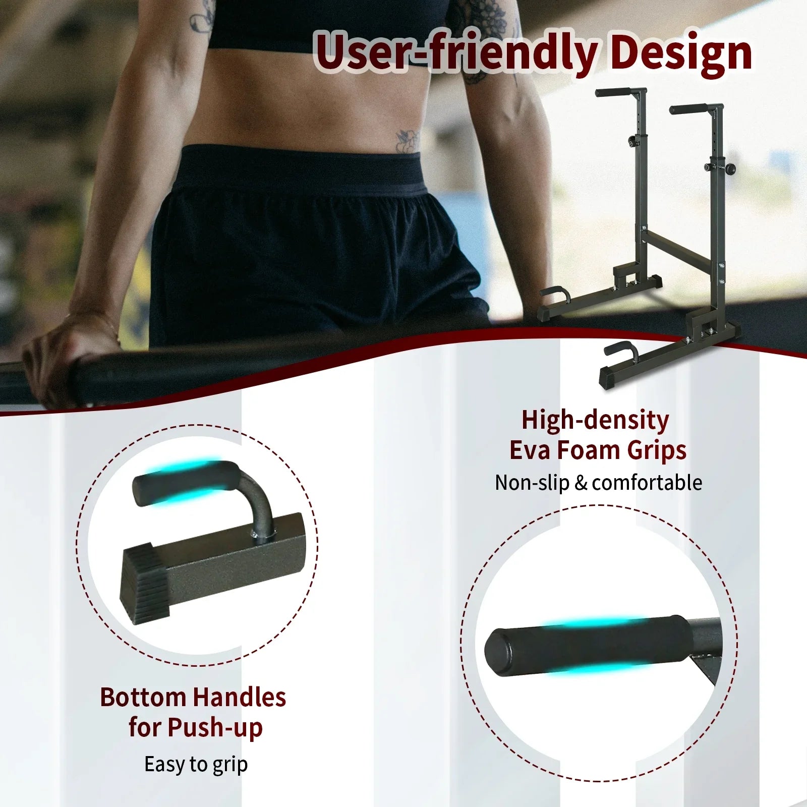 Adjustable Power Tower Dip Stand Station with Bench Pull Up Bar - Heavy Duty Multi-Function Fitness Equipment for Home Gym, Black