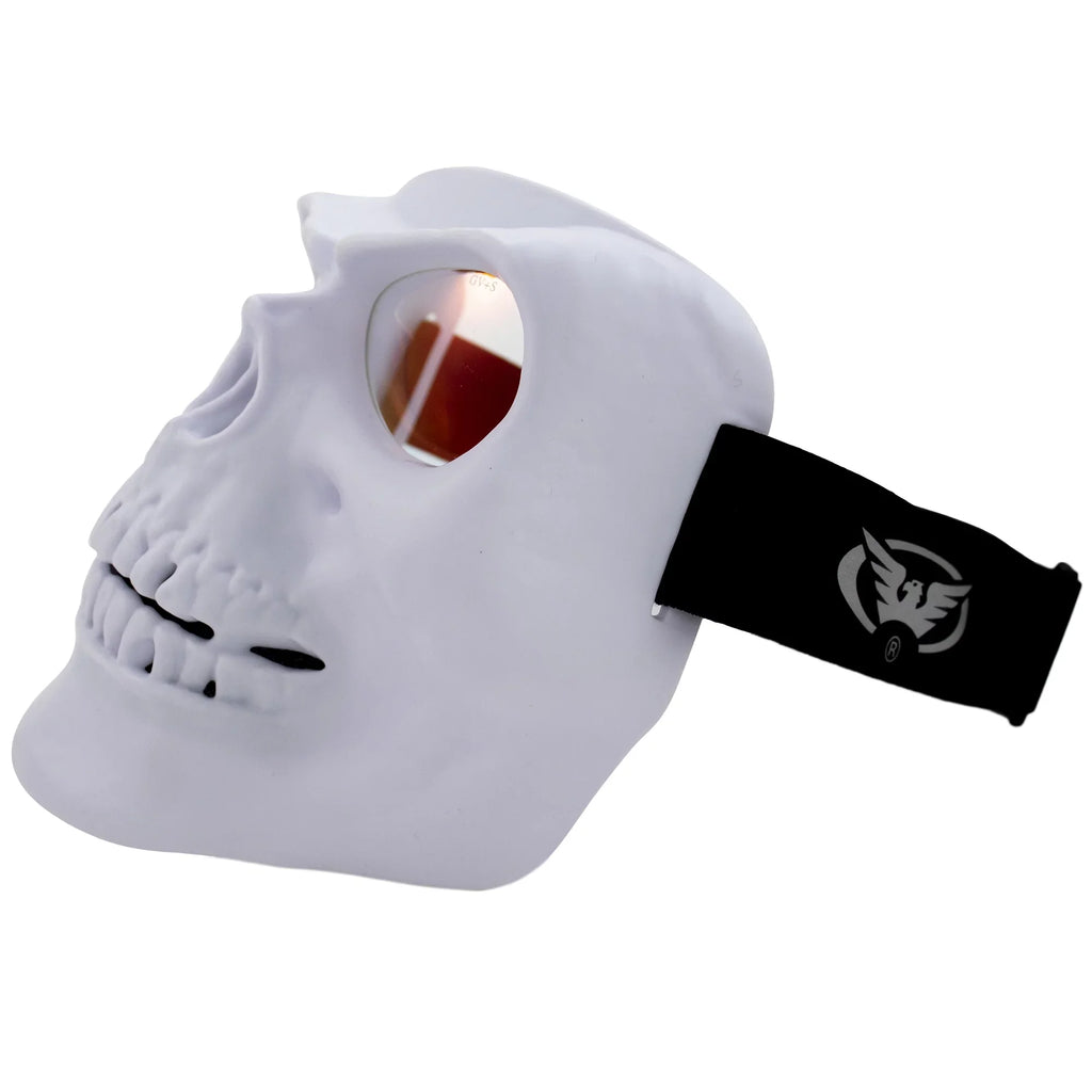 Global Vision Skull Mask Motorcycle Riding Goggles Full Face Coverage White Frame w/ Clear Red Coated Mirror  Lenses