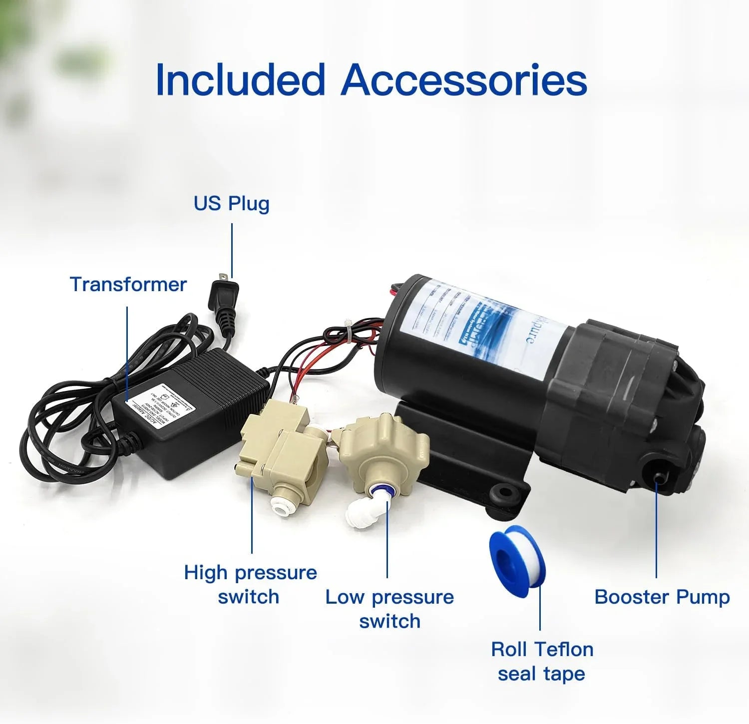 Reverse Osmosis Booster Pump Kit with Transformer + High and Low Pressure Switches + Fittings for 50-150   System