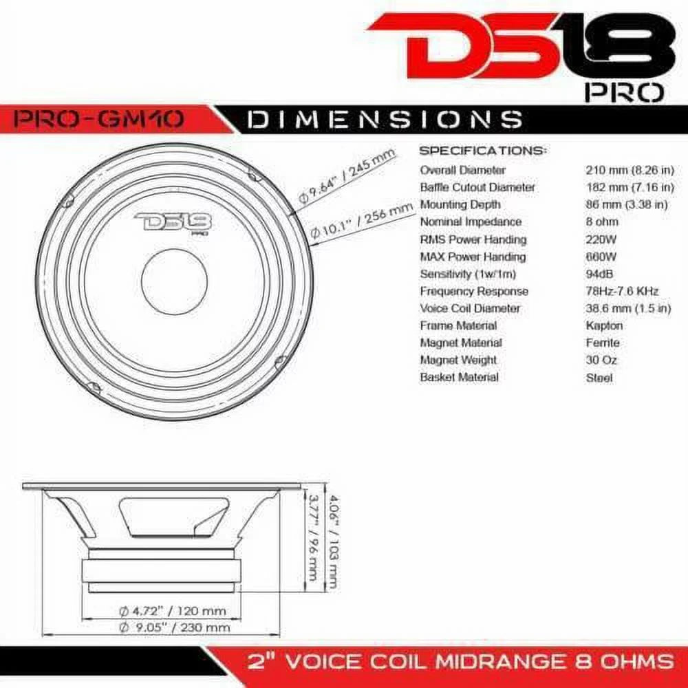 Pro  10 Inch 660 watt Max 8 Ohm Mid Range Car and Truck Door Loudspeaker