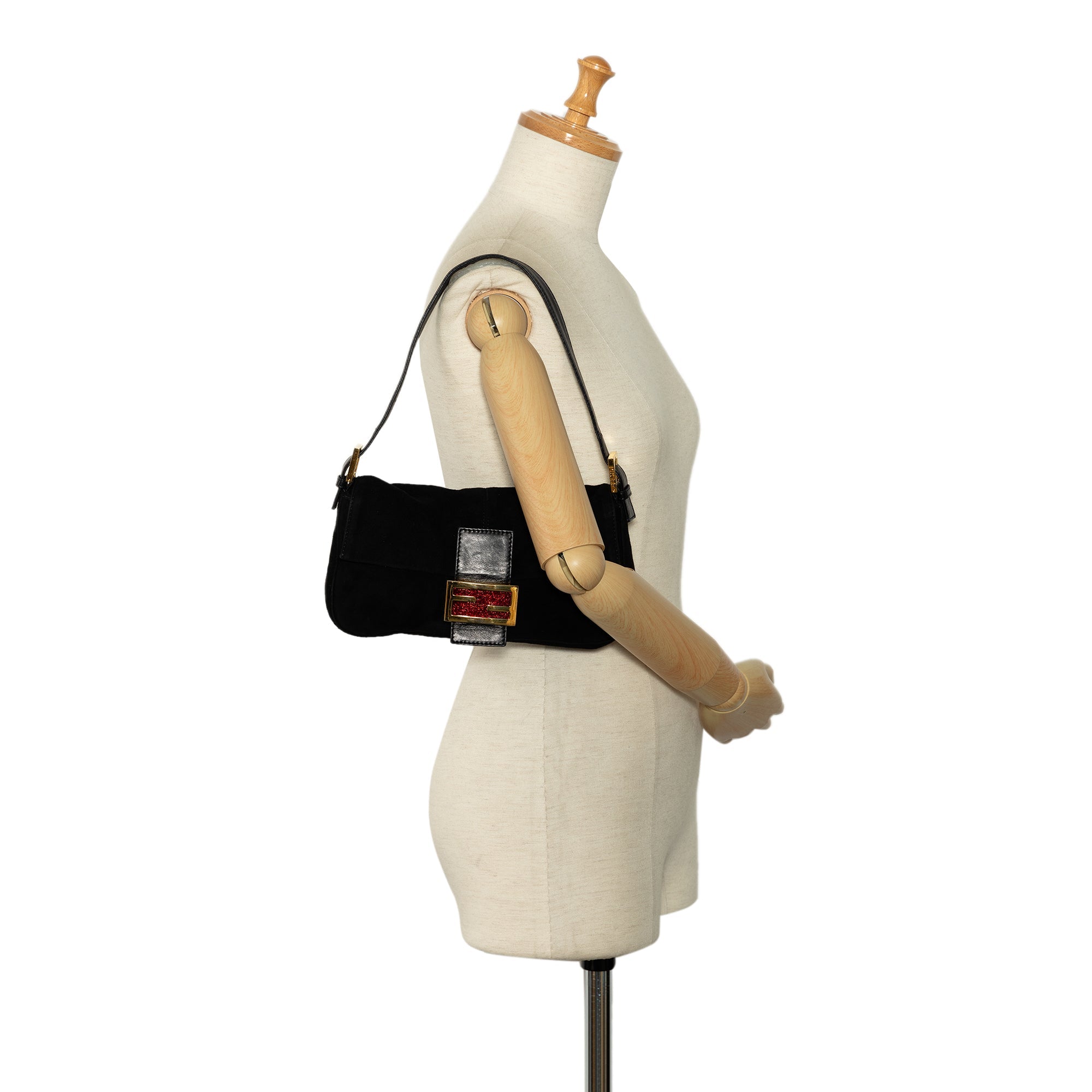 Pre-Owned Authenticated Fendi Baguette Suede Leather Black Shoulder Bag Unisex (Good)