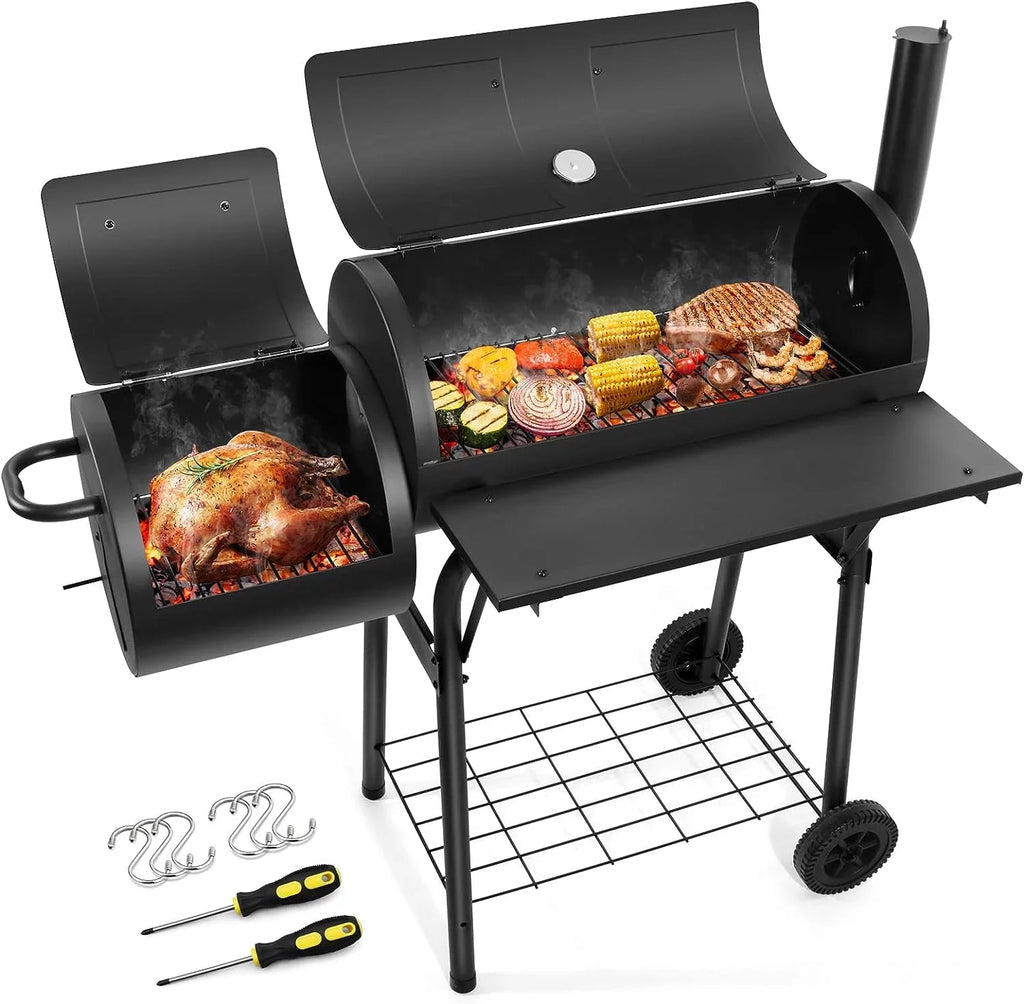 Outdoor  Grill, Barrel Charcoal Grill with Offset Smoker, Camping Barbecue Grill for Patio Backyard Garden Party Picnic, Large 420.. Cooking Area, 2 Screwdrivers & 6 Hooks - Black