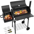 Outdoor  Grill, Barrel Charcoal Grill with Offset Smoker, Camping Barbecue Grill for Patio Backyard Garden Party Picnic, Large 420.. Cooking Area, 2 Screwdrivers & 6 Hooks - Black