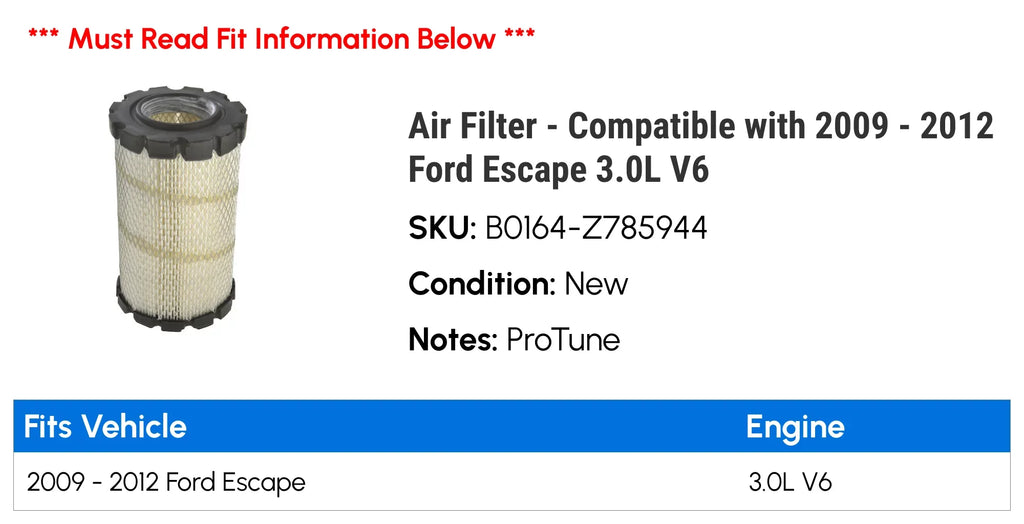 Air Filter - Compatible with 2009 - 2012 Ford Escape 3.0L  2010 2011