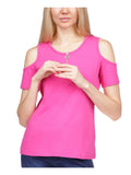 Womens Pink Cold Shoulder Zippered Logo Hardware Short Sleeve Round Neck Top