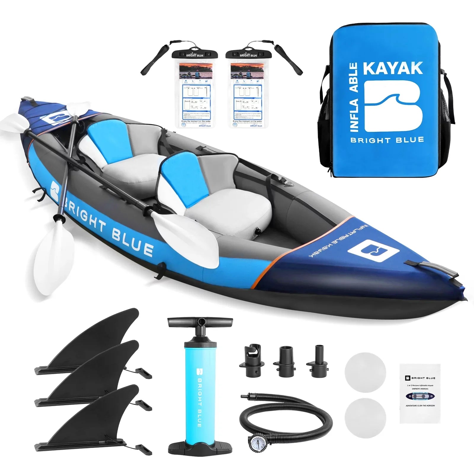 Rich Versatile Blue 11' Inflatable Fishing Kayak Set 2 Person Sit-on Kayak for Adults Angler Blow up Kayak with 2 Paddles 3 Fins and Carrying Bag