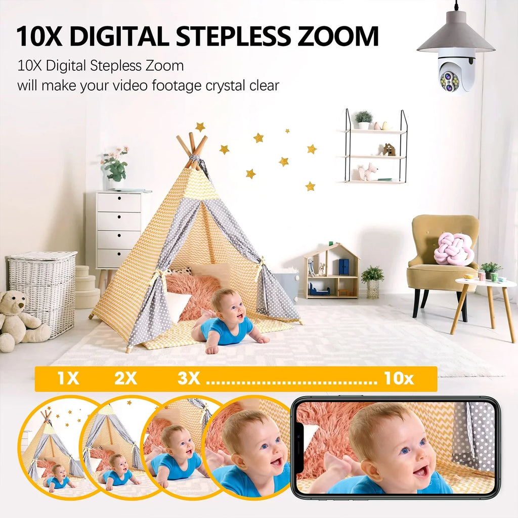 Toguard 3 Pack  10X Hybrid Zoom Light Bulb Security Camera Outdoor   Dual Lens Dome Surveillance Camera Wireless Connector