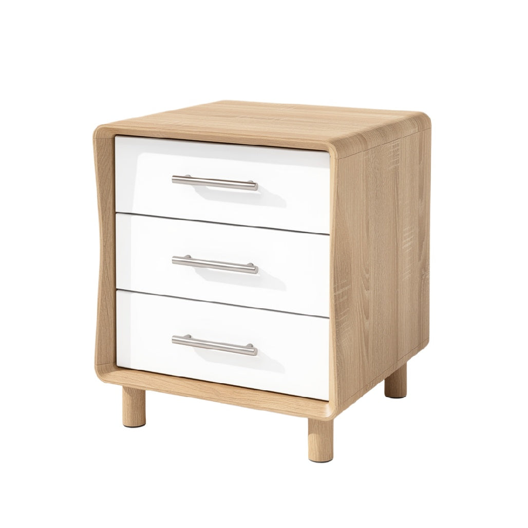 Modern Wooden Nightstand with Three White Drawers