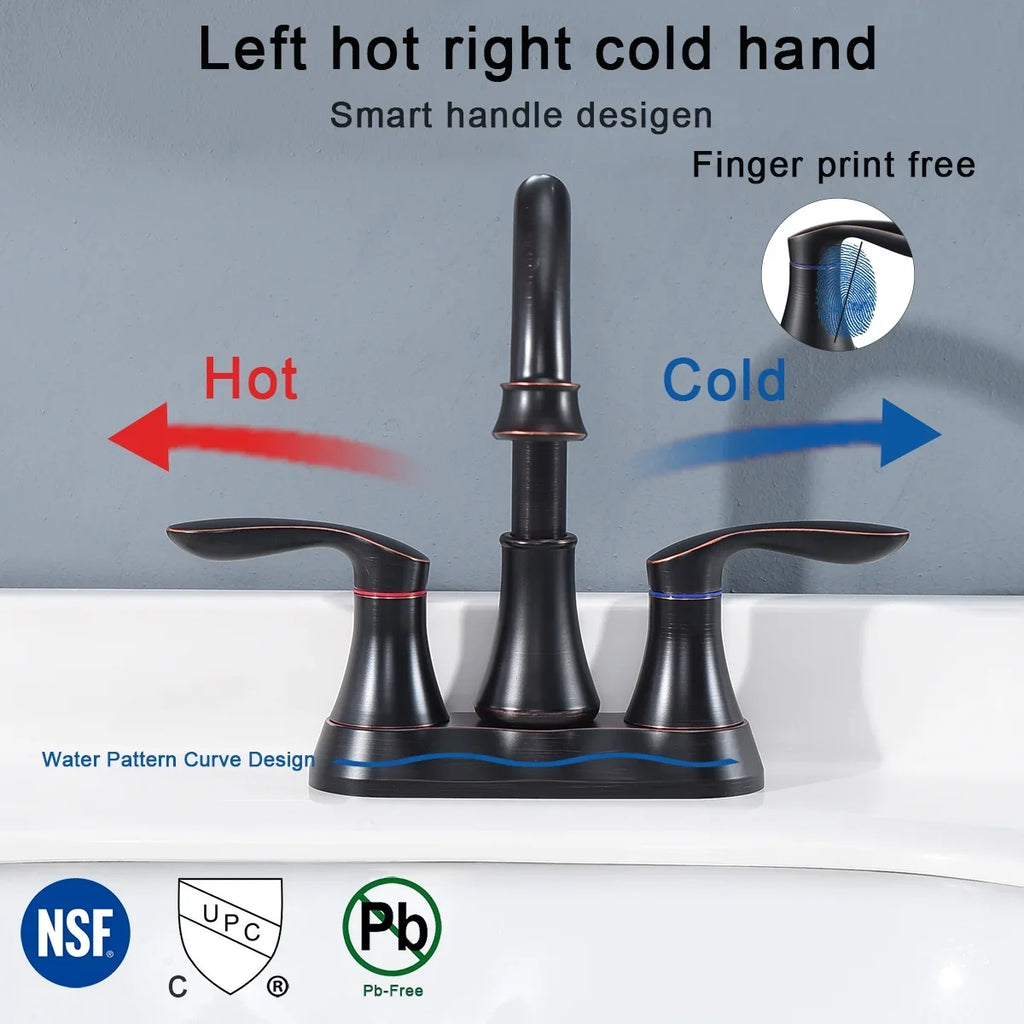Kichae 4 Inch Vanity Sink Faucet，2-Handle 360 Degree Swivel Bathroom Spout Centerset Faucet with Pop-up Drain & Supply Hoses，Oil Rubbed Bronze