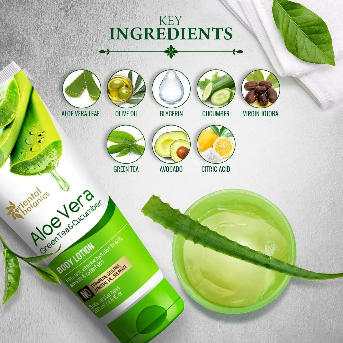 Oriental Botanics Aloe Vera, Green Tea & Cucumber Body Lotion | No Paraben &  - 200ml