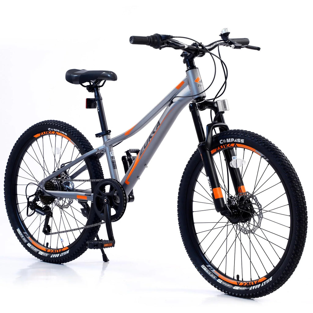 Kids Mountain Bikes 24 inch for Girls and Boys, Shimano 7-Speed Mountain Bicycle with Disc Brakes, 85% Assembled, Gray