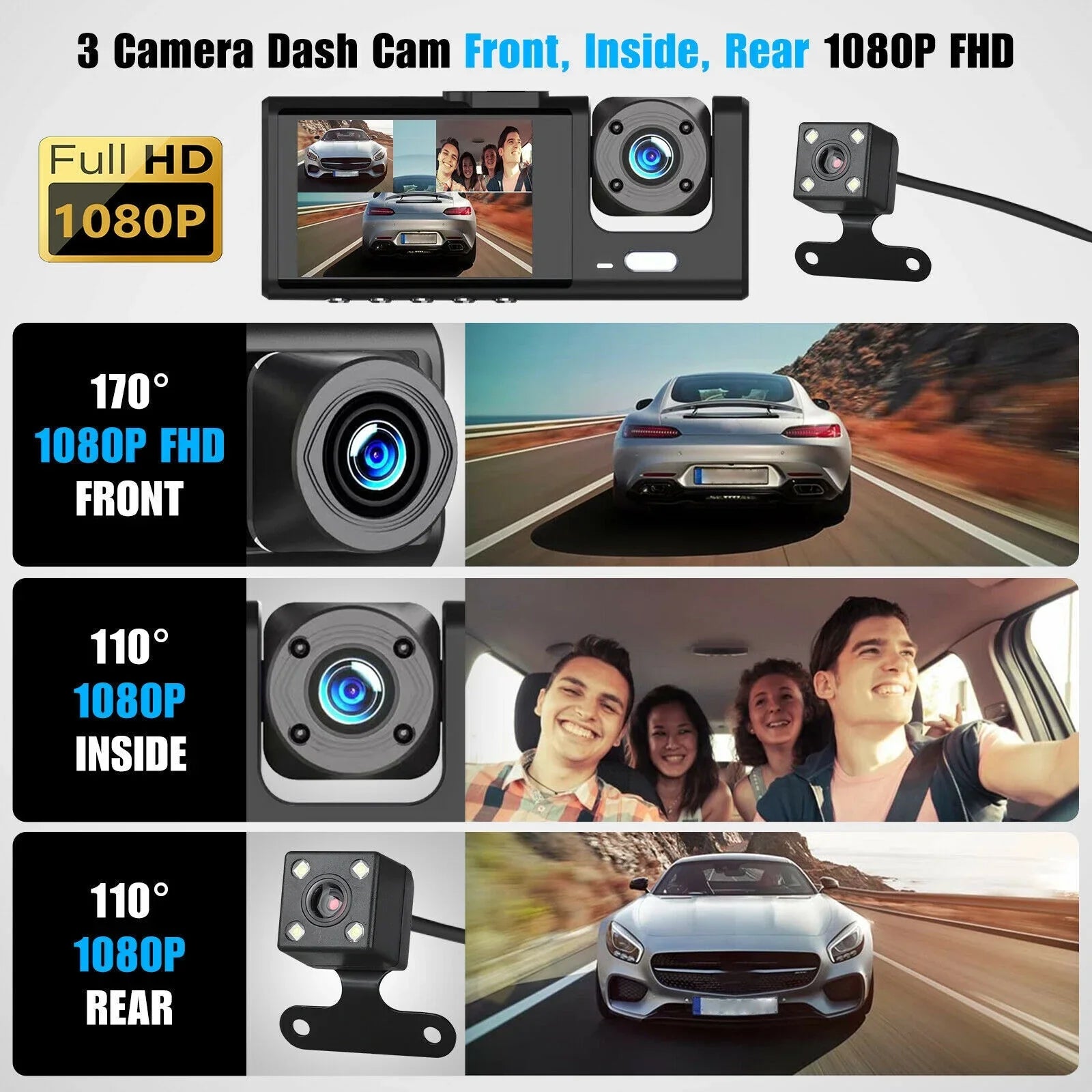 1080P Car Dual Dash Cam,  Front/Rear/Inside Dual Lens Dash Camera,  Video Recorder Camera with -sensor