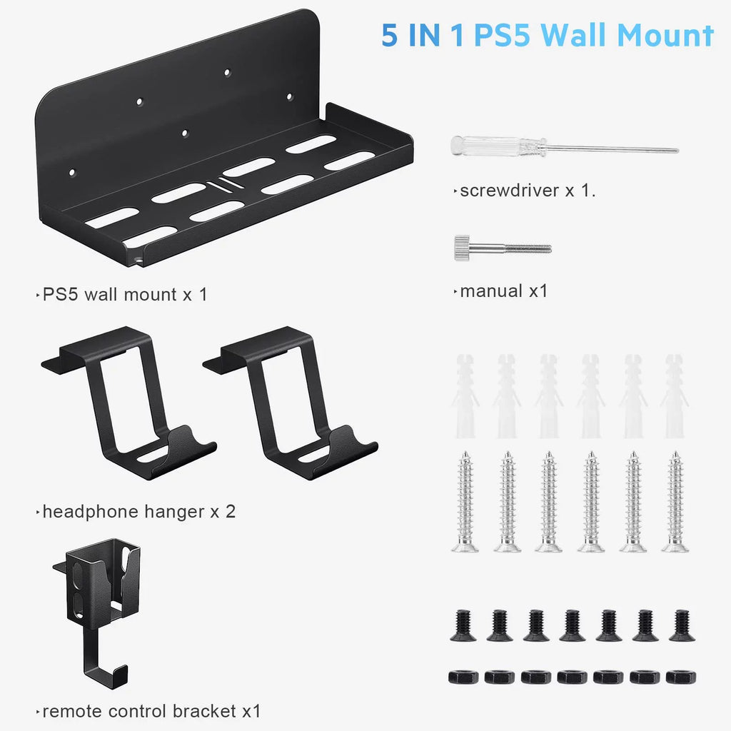 Wall Mount, 5 in 1 Playstation 5 Wall Mount (Disc and Digital Edition) Wall Bracket for Playstation 5 with Detachable Controller Holder & Headphone Hanger & Remote Control Bracket (Black)