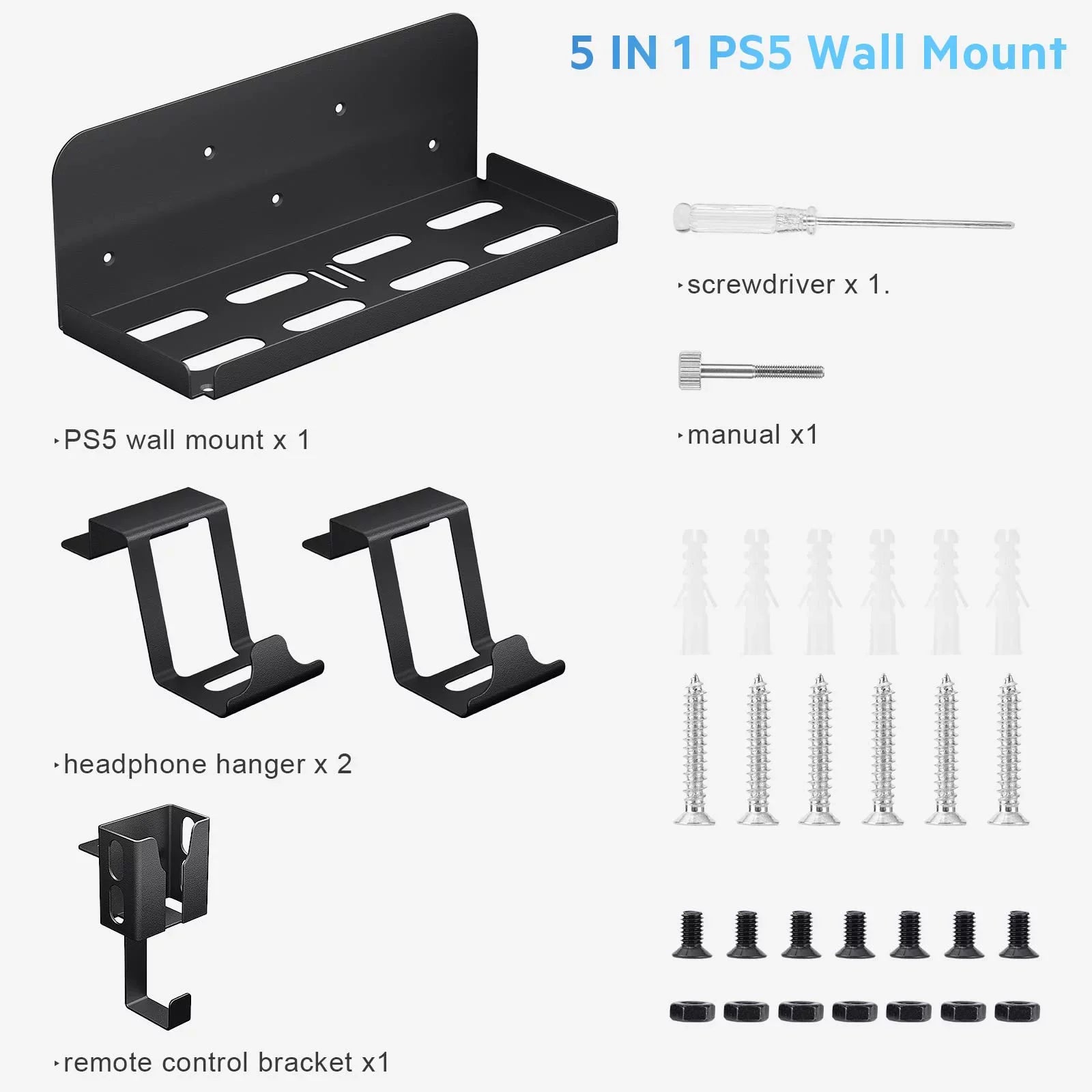 Wall Mount, 5 in 1 Playstation 5 Wall Mount (Disc and Digital Edition) Wall Bracket for Playstation 5 with Detachable Controller Holder & Headphone Hanger & Remote Control Bracket (Black)