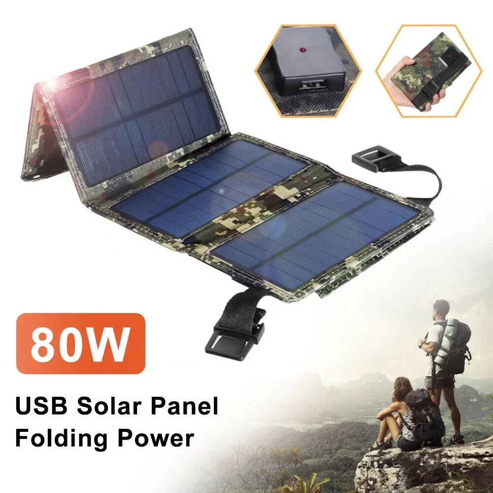 Outdoor 80W  Solar Panel Folding Power Bank Camping Hiking Phone Charger
