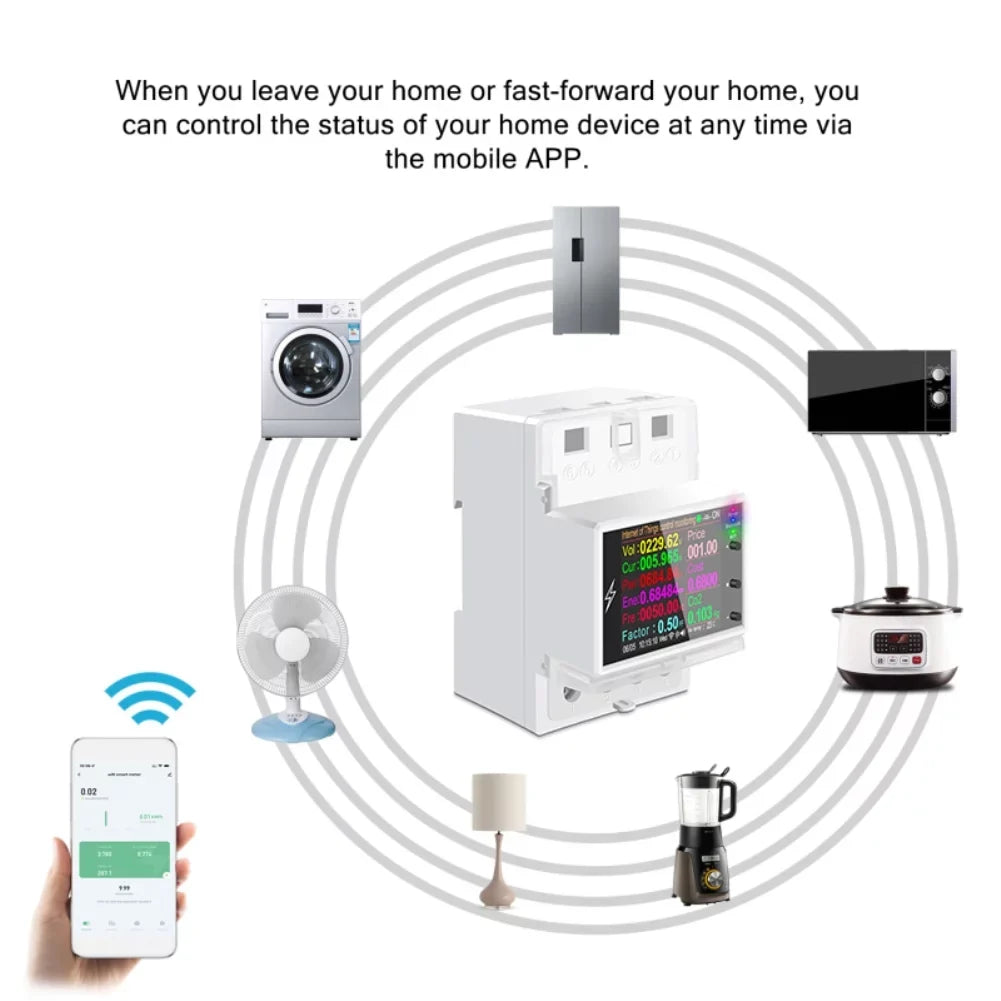 Tuya Wifi/Bluetooth  100A Din Rail Smart Switch Remote Control  220V 110V Digital Energy Kwh Frequency Factor Meter