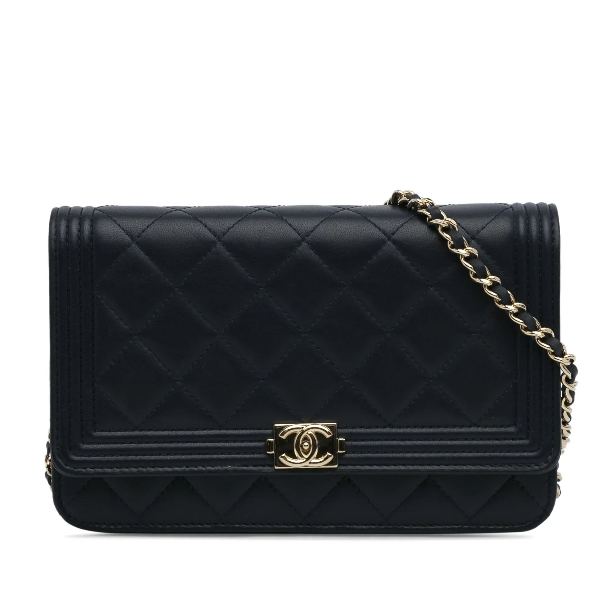 Pre-Owned Authenticated Chanel Boy Wallet On Chain Lambskin Leather Blue Crossbody Bag Unisex (Good)