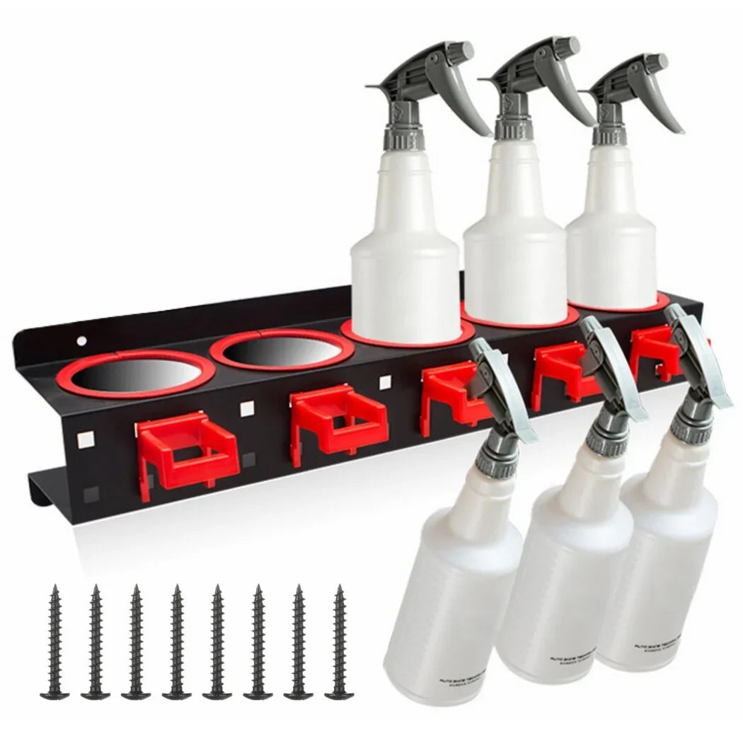 2Pcs Spray Bottle Storage Racks, Squeeze Bottle Holders, Wall Mount Organizers with 5 Holes & 5 Hooks, Auto Cleaning Detailing Tools Hangers, Car Beauty Shop Accessories