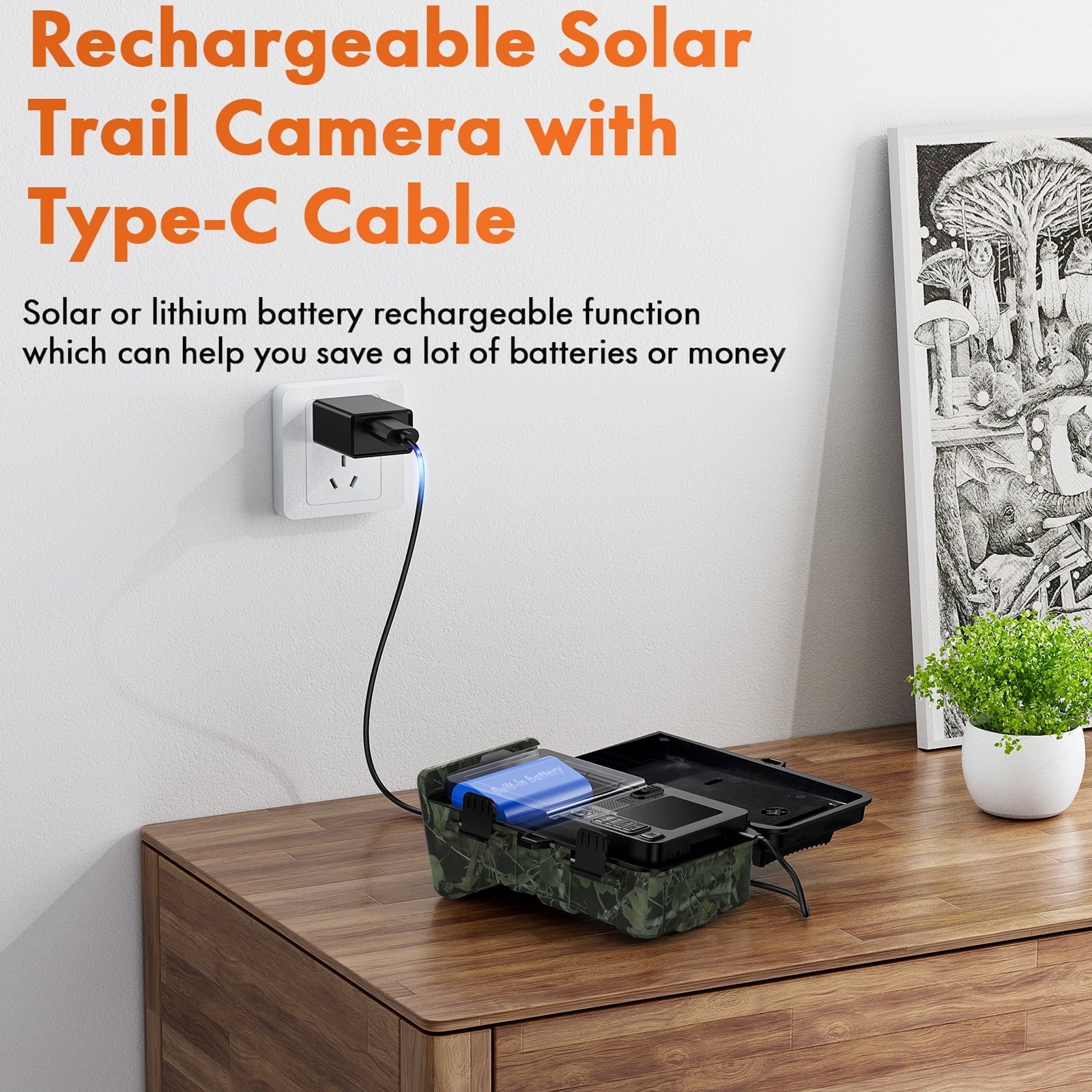 Solar Trail Camera 24MP 1080P 2500mAh Built-in Lithium Battery Rechargeable Game Camera with Night Vision Waterproof  0.1s Trigger Speed 120°Wide Angle 2.0"  Hunting Cam with  Card