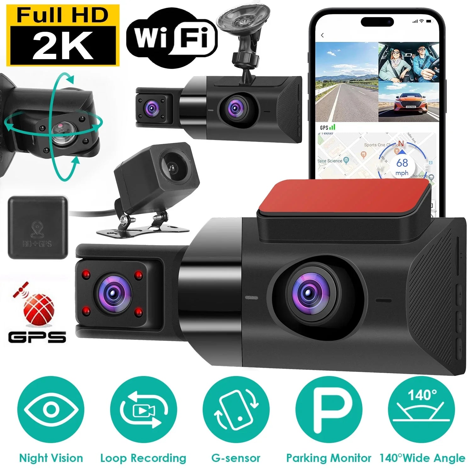 iMounTEK 2K Car  3 Channel Dash Cam Camcorder Camera Recorder with 140° Angle  WiFi Night Vision -sensor Loop Recording Parking Monitor