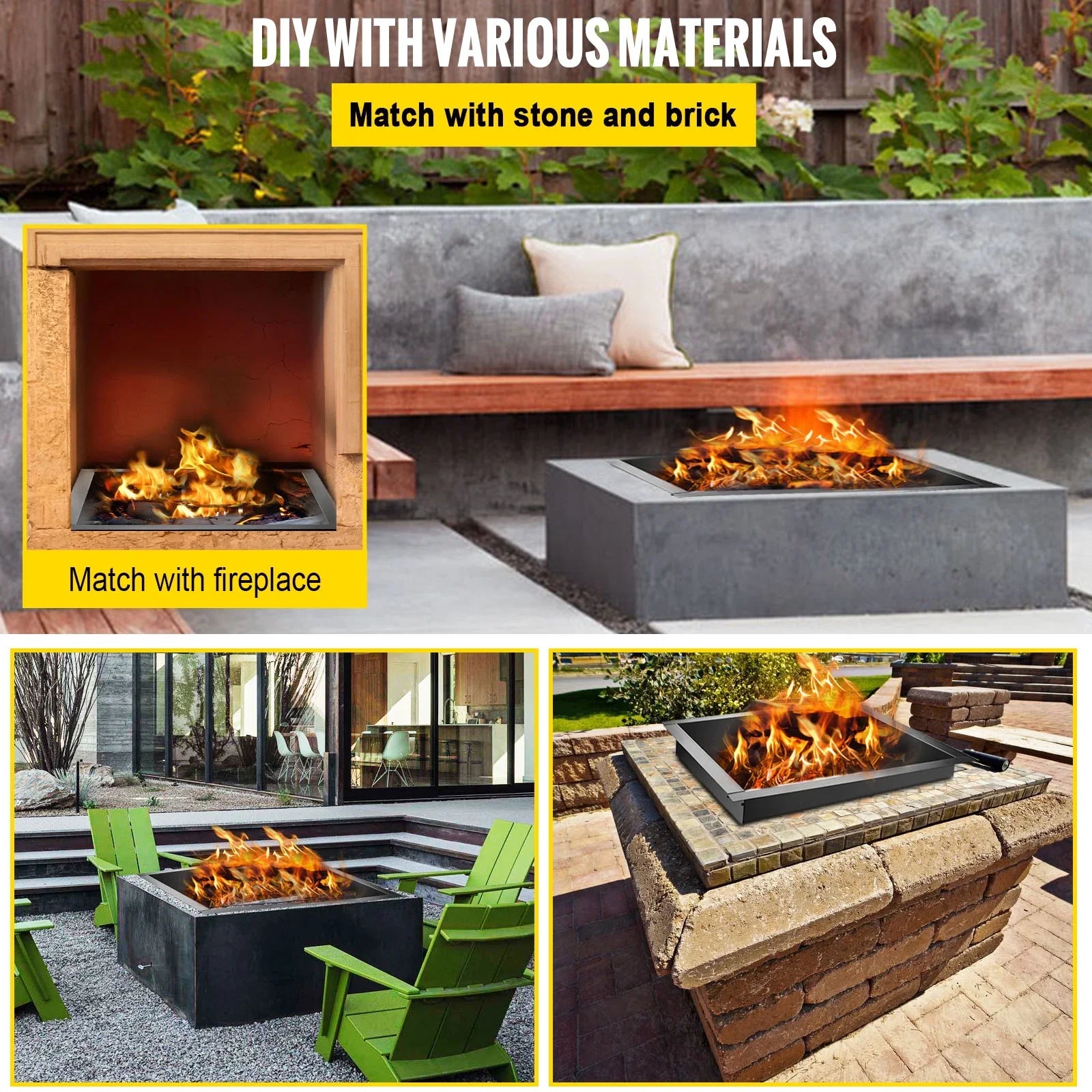 Fire Pit Ring, 36" Square Fire Pit Insert, Heavy Duty Steel Fire Ring,  Bonfire Liner with Tongs Insert with Simple Installation for Outdoor, Patio, Backyard