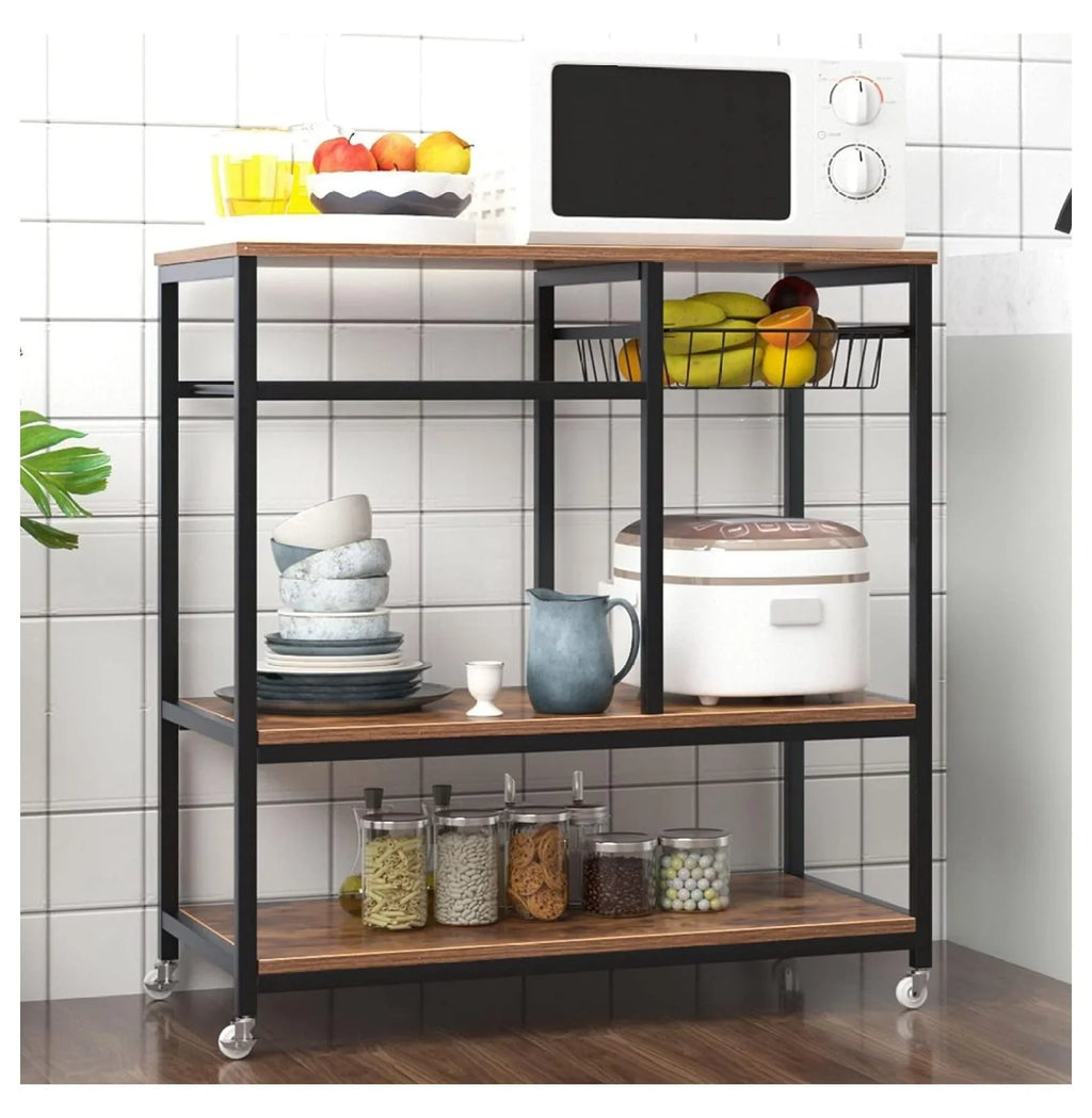 oddfain Microwave Carts for Kitchen with Storage 3 Tier Rolling Bakers Rack Utility Kitchen Serving Cart on Wheels Outdoor Bar Cart Coffee Station, Dark Brown