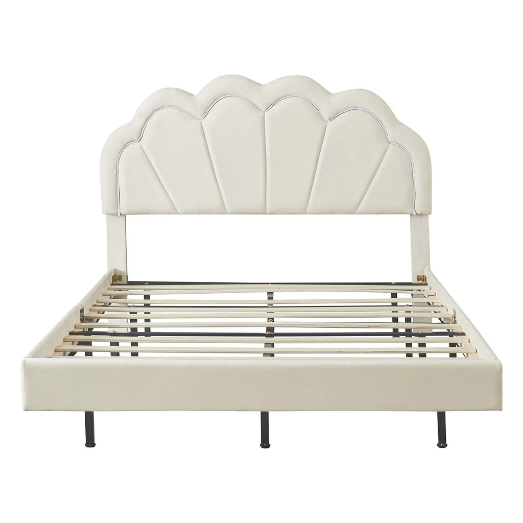 Full Size Smart  Platform Bed with Wooden Slats Support Beige