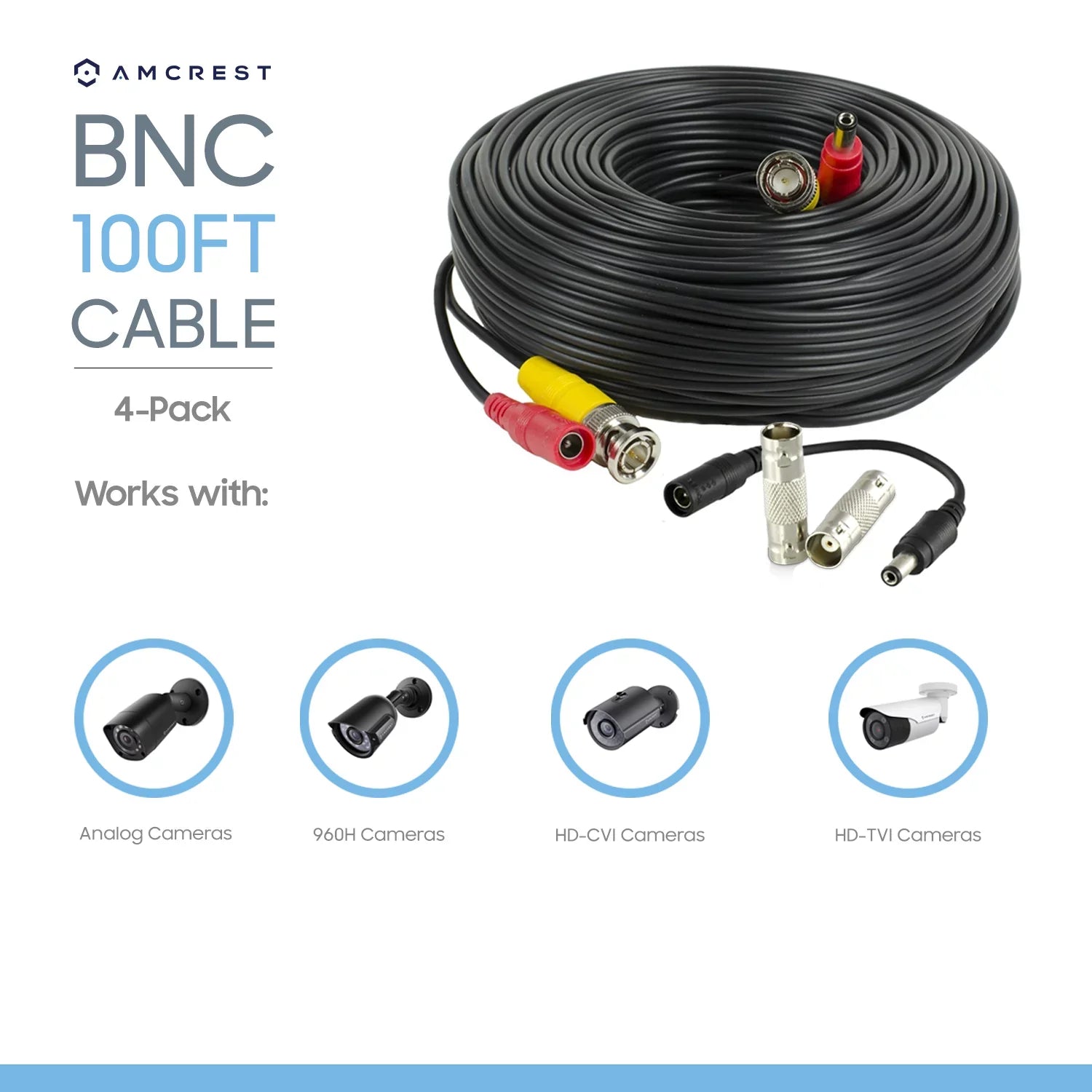 Amcrest 4-Pack 100 Feet Pre-Made All-in-One Siamese  Video and Power  Security Camera Cable with Two Female Connectors for 960H & - Camera and  (-4pack)