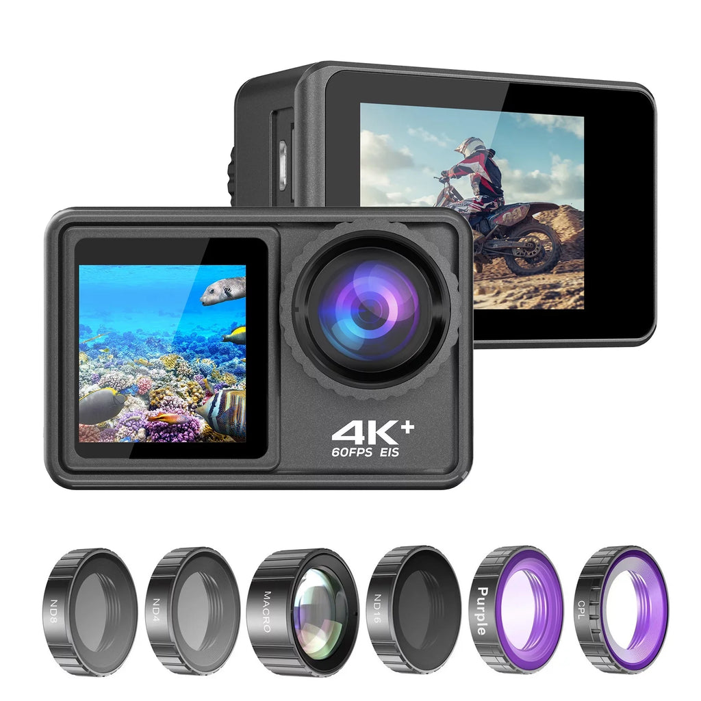 4K 24MP Dual Screen Sport Camera  Camcorder 2.0 Inch Screen 170° Wide Angle  40m Waterproof WiFi with Macro   8 16 Purple Lens for Outdoor Sports