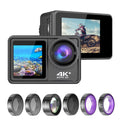 4K 24MP Dual Screen Sport Camera  Camcorder 2.0 Inch Screen 170° Wide Angle  40m Waterproof WiFi with Macro   8 16 Purple Lens for Outdoor Sports
